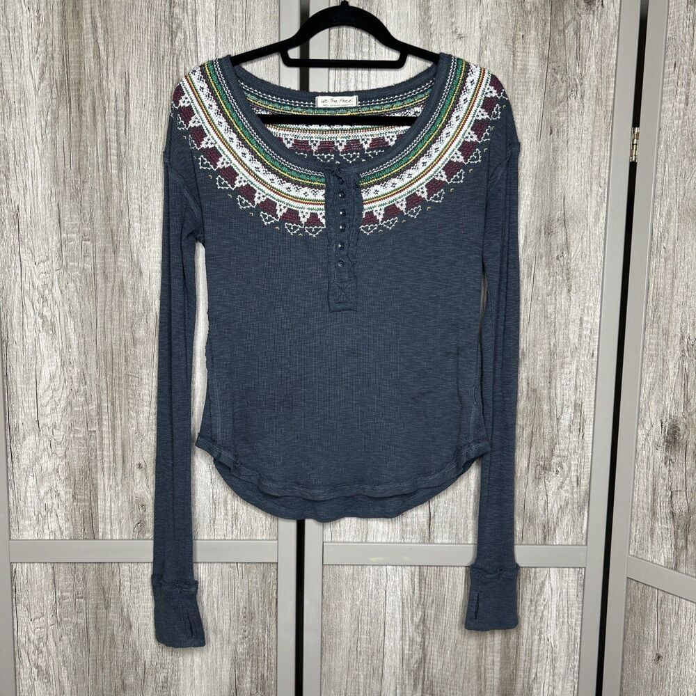 We The Free Women Thermal Top Embroidered Neckline Thumbholes Long Sleeve Size S